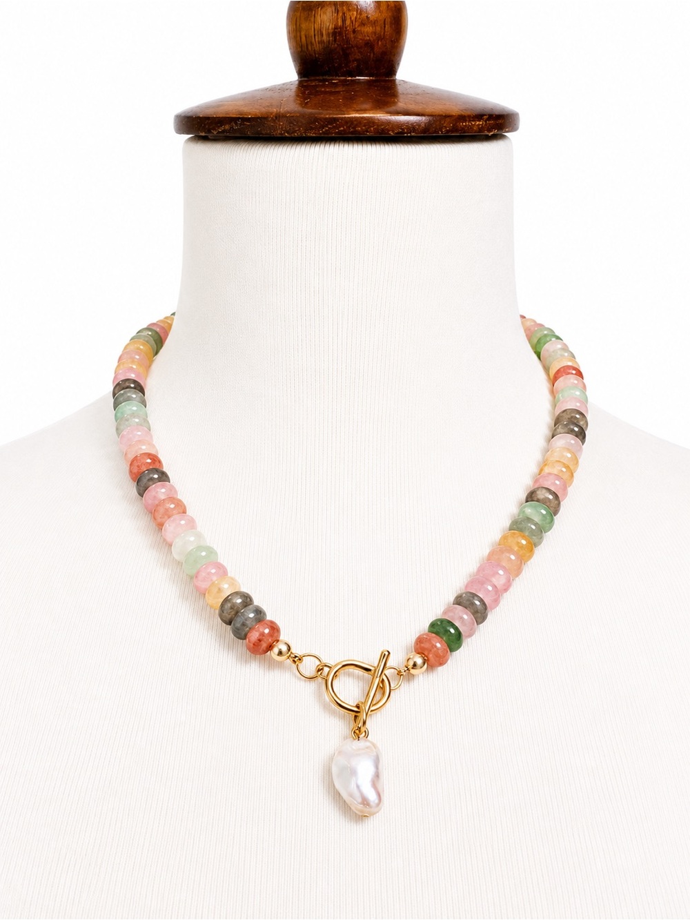 Handmade Multicolor Bead Rainbow Necklace Gold Toggle and Pearl Charm new!